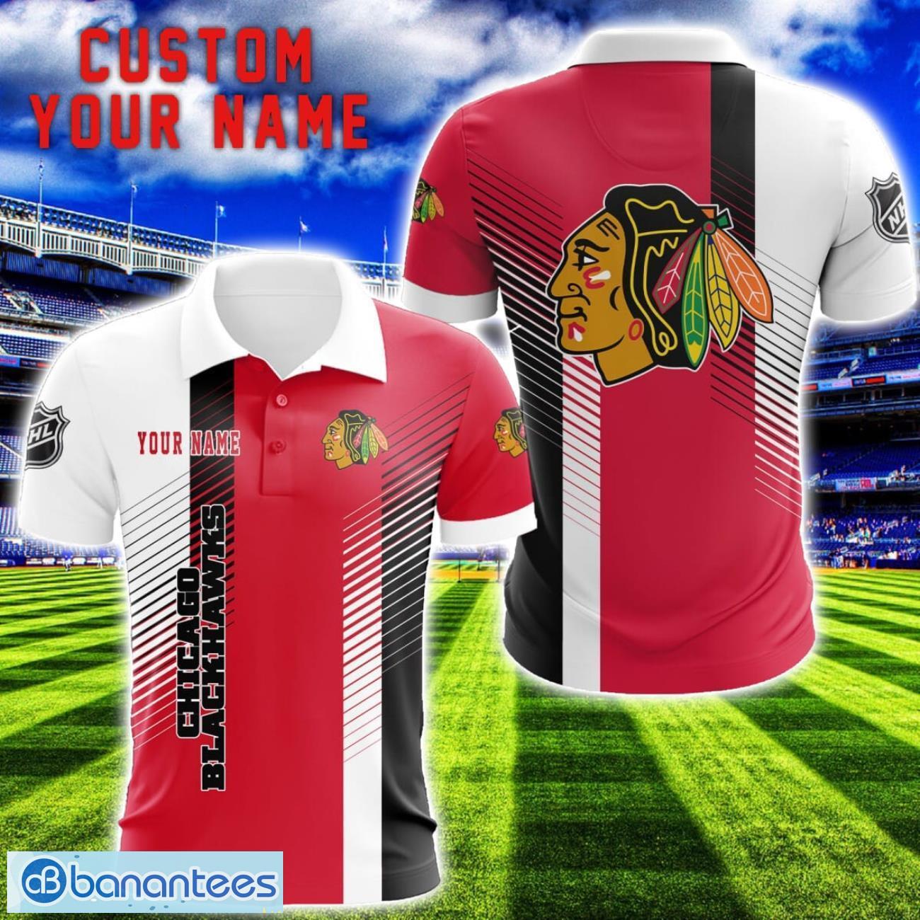 chicago blackhawks team striped style 3d printed polo shirt for fans custom name image Chicago Blackhawks Team Striped Style 3D Printed Polo SHirt For Fans Custom Name Product Photo 1