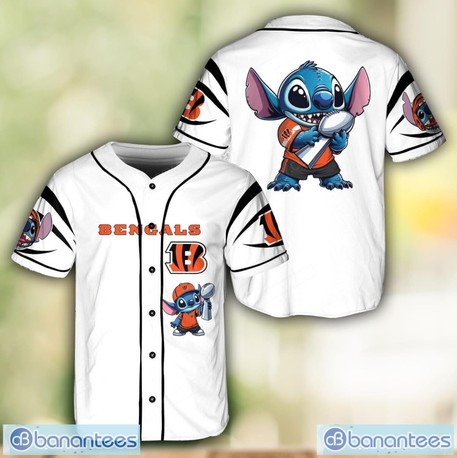 cincinnati bengals lilo and stitch white baseball jersey shirt for stitch lover image Cincinnati Bengals Lilo and Stitch White Baseball Jersey Shirt For Stitch Lover Product Photo 1