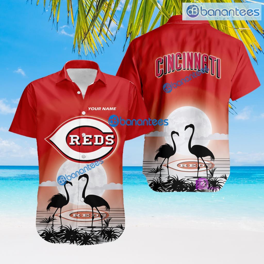 Cincinnati Reds MLB Baseball Team With Flamingo Moon Pattern Button Down Hawaiian Shirt For Big Fans Custom Name Product Photo 1