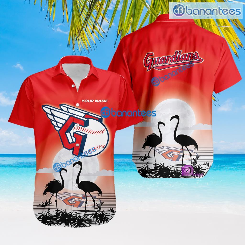 Cleveland Guardians MLB Baseball Team With Flamingo Moon Pattern Button Down Hawaiian Shirt For Big Fans Custom Name Product Photo 1