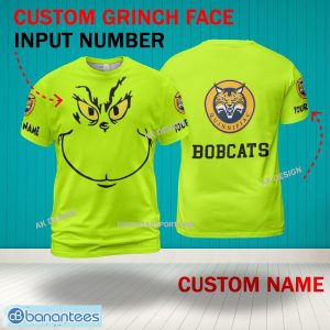 Grinch Face Quinnipiac Bobcats 3D Hoodie, Zip Hoodie, Sweater Green AOP Custom Number And Name - Grinch Face NCAA2 Quinnipiac Bobcats 3D Shirt