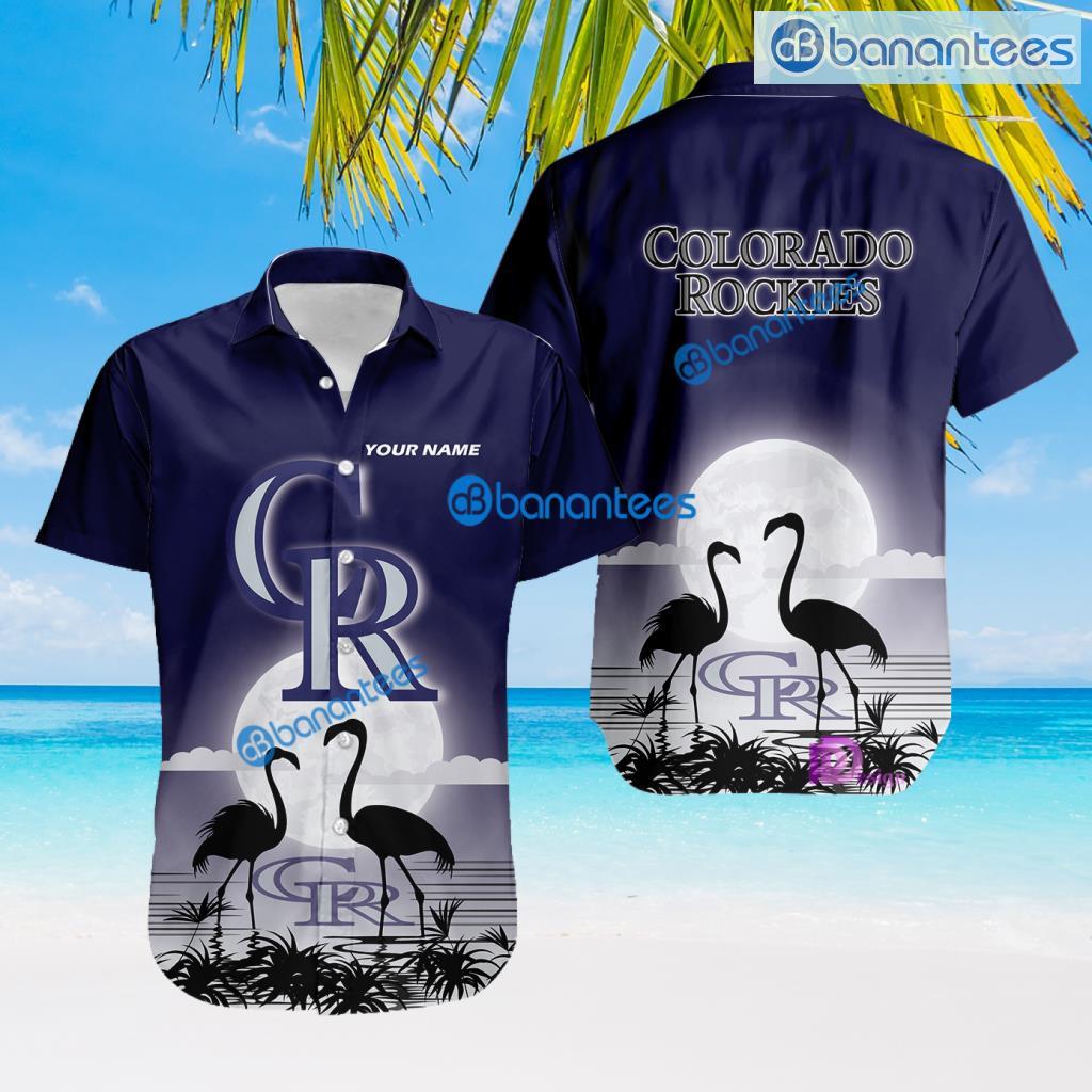 Colorado Rockies MLB Baseball Team With Flamingo Moon Pattern Button Down Hawaiian Shirt For Big Fans Custom Name Product Photo 1