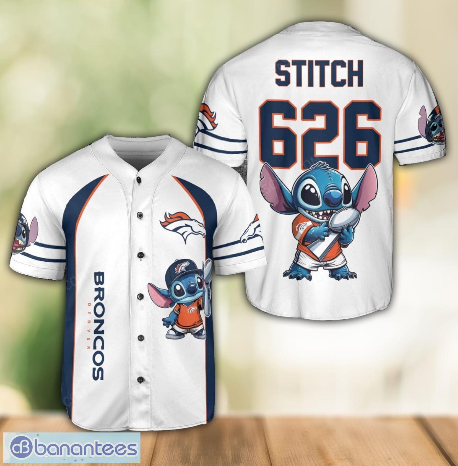 denver broncos lilo and stitch champions white baseball jersey shirt for fans unique gift custom name number image Denver Broncos Lilo and Stitch Champions White Baseball Jersey Shirt For Fans Unique Gift Custom Name Number Product Photo 1