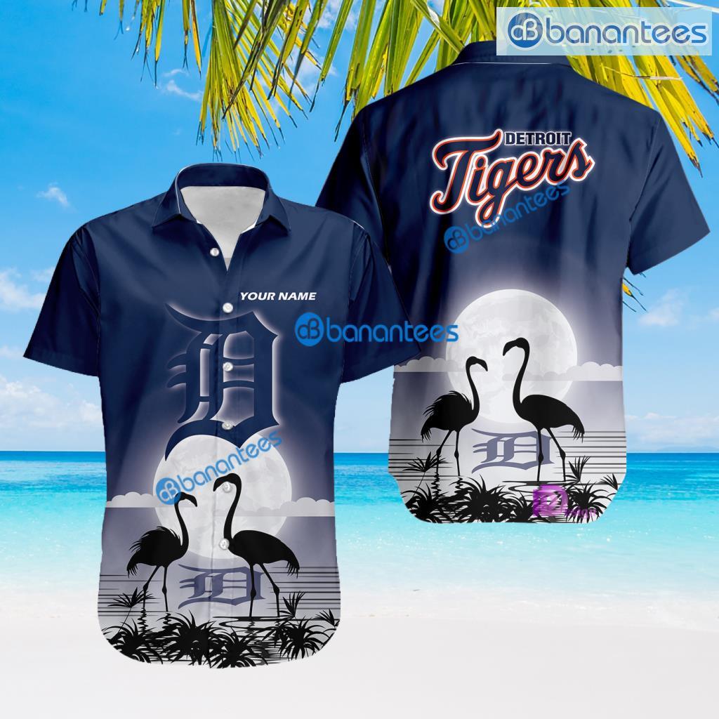 Detroit Tigers MLB Baseball Team With Flamingo Moon Pattern Button Down Hawaiian Shirt For Big Fans Custom Name Product Photo 1