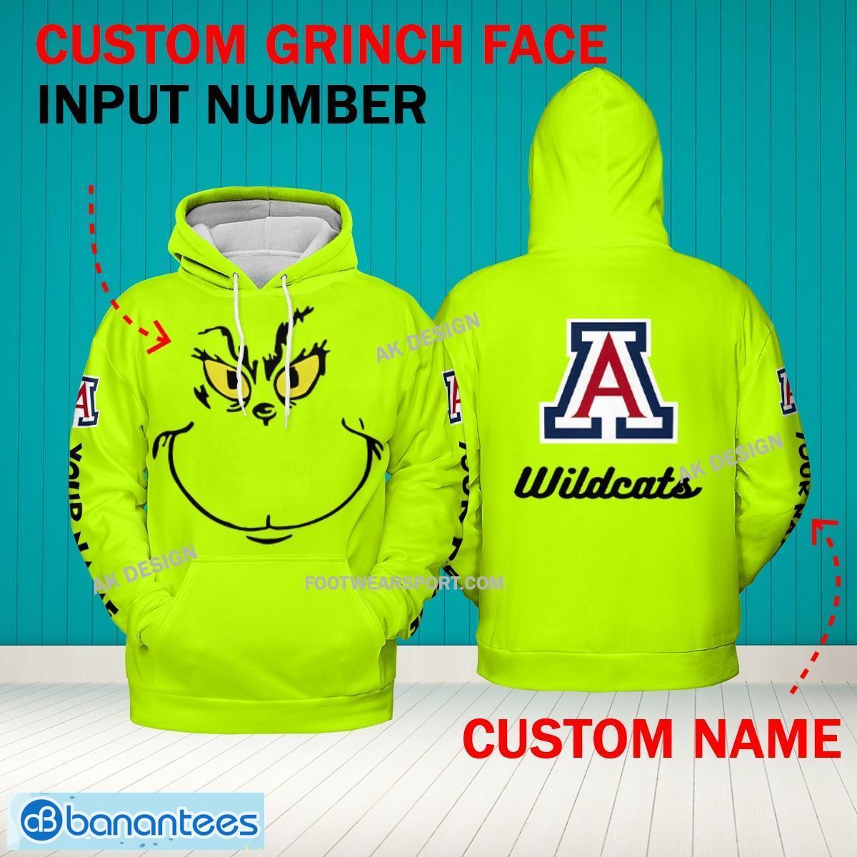 Grinch Face Arizona Wildcats 3D Hoodie, Zip Hoodie, Sweater Green AOP Custom Number And Name - Grinch Face NCAA Arizona Wildcats 3D Hoodie