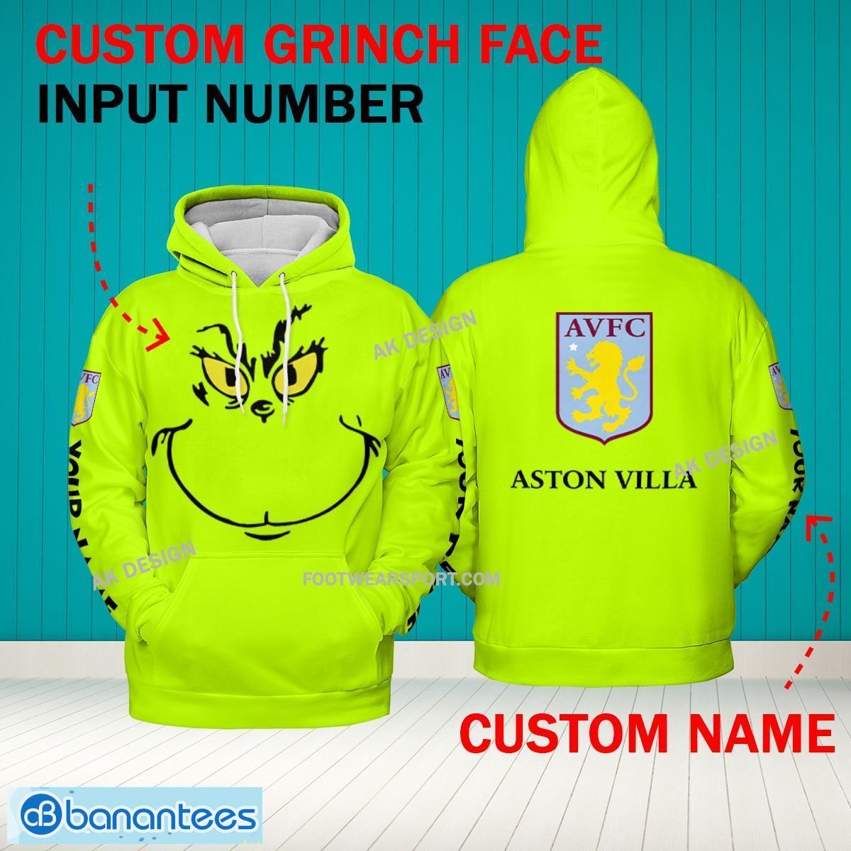 Grinch Face Aston Villa 3D Hoodie, Zip Hoodie, Sweater Green AOP Custom Number And Name - Grinch Face EPL Aston Villa 3D Hoodie