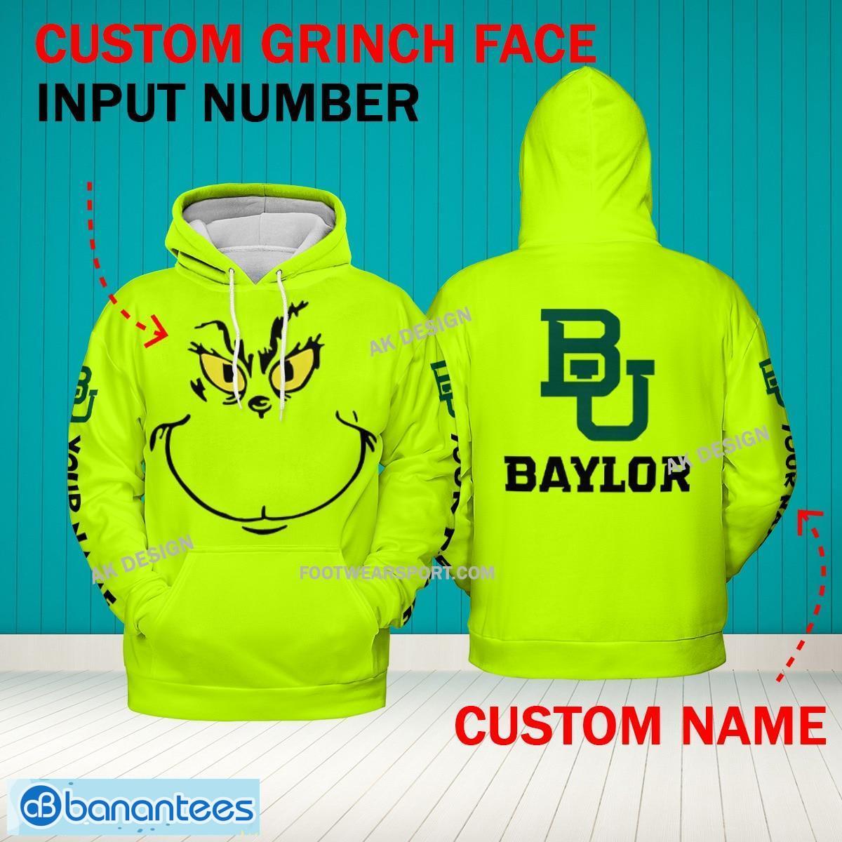 Grinch Face Baylor Bears 3D Hoodie, Zip Hoodie, Sweater Green AOP Custom Number And Name - Grinch Face NCAA Baylor Bears 3D Hoodie