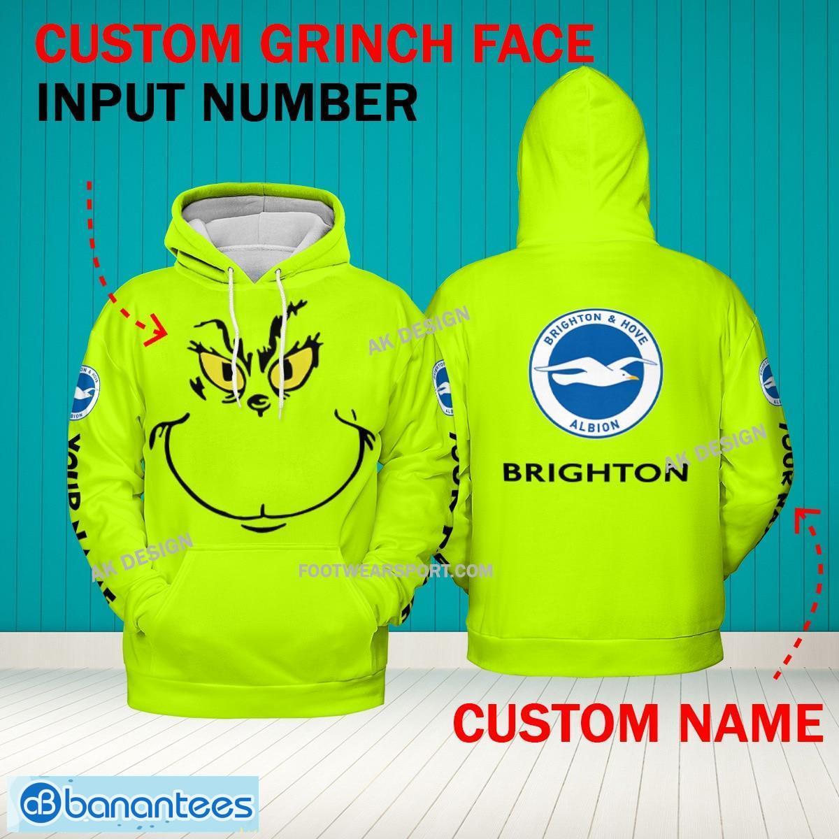 Grinch Face Brighton & Hove Albion 3D Hoodie, Zip Hoodie, Sweater Green AOP Custom Number And Name - Grinch Face EPL Brighton & Hove Albion 3D Hoodie
