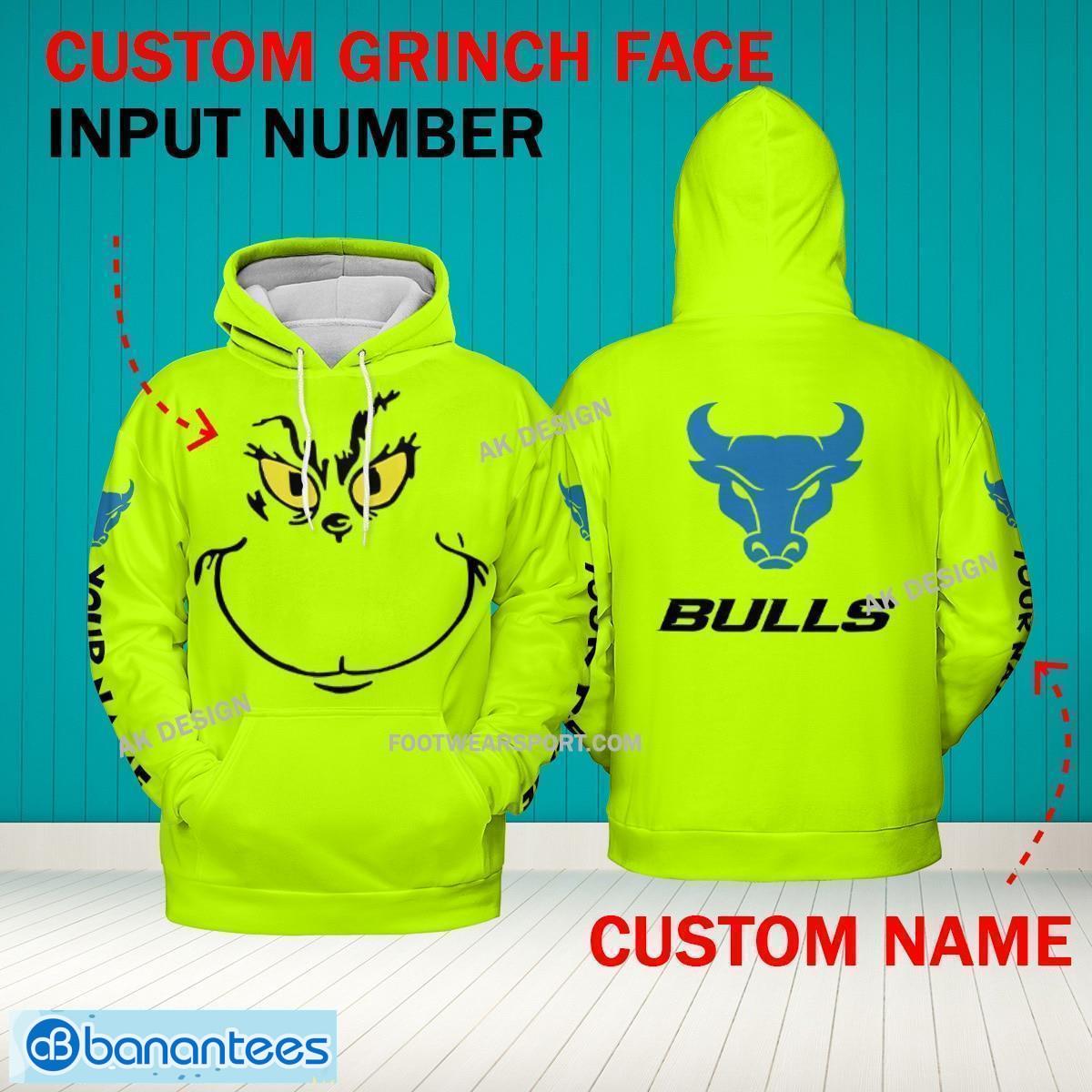 Grinch Face Buffalo Bulls 3D Hoodie, Zip Hoodie, Sweater Green AOP Custom Number And Name - Grinch Face NCAA Buffalo Bulls 3D Hoodie