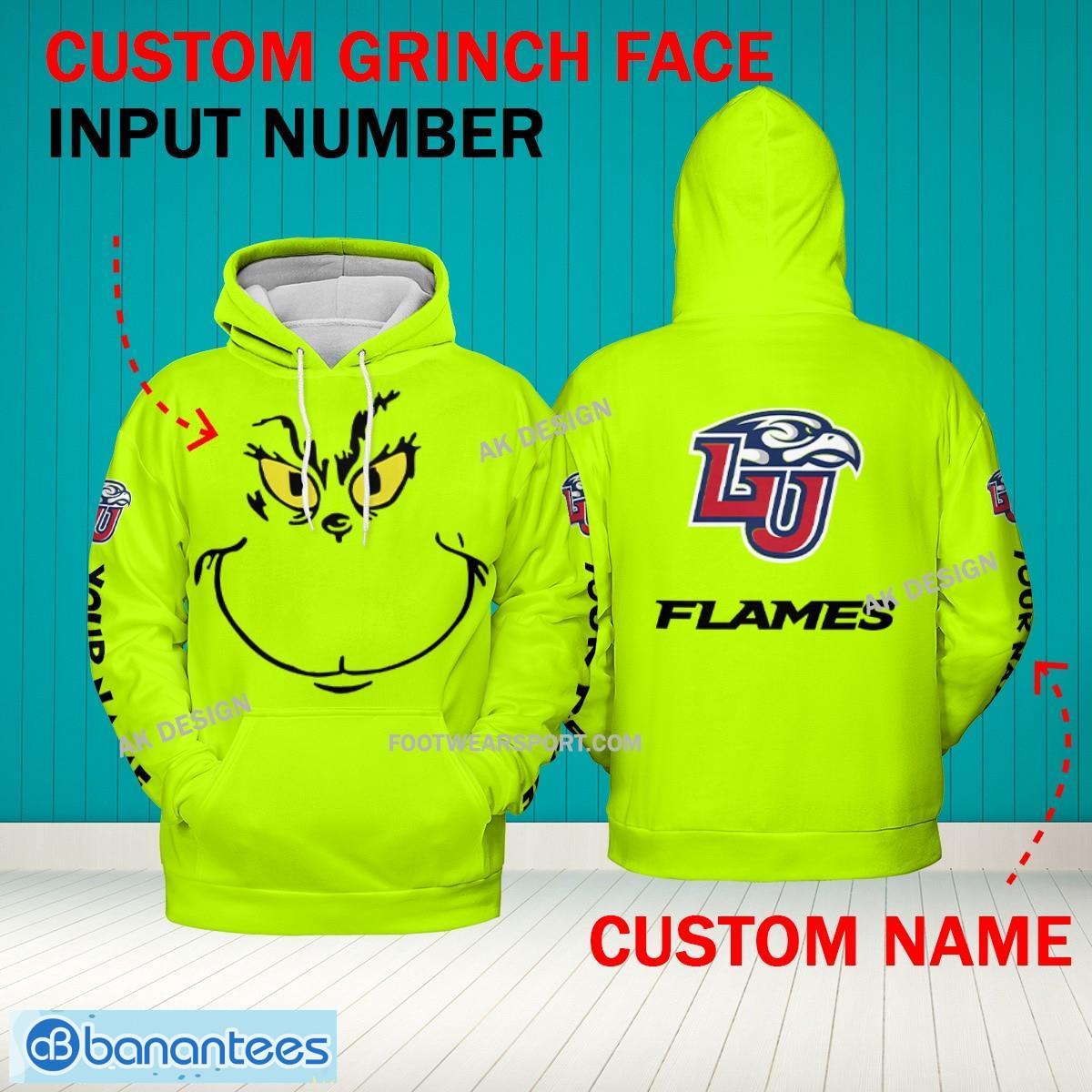 Grinch Face Liberty Flames 3D Hoodie, Zip Hoodie, Sweater Green AOP Custom Number And Name - Grinch Face NCAA Liberty Flames 3D Hoodie