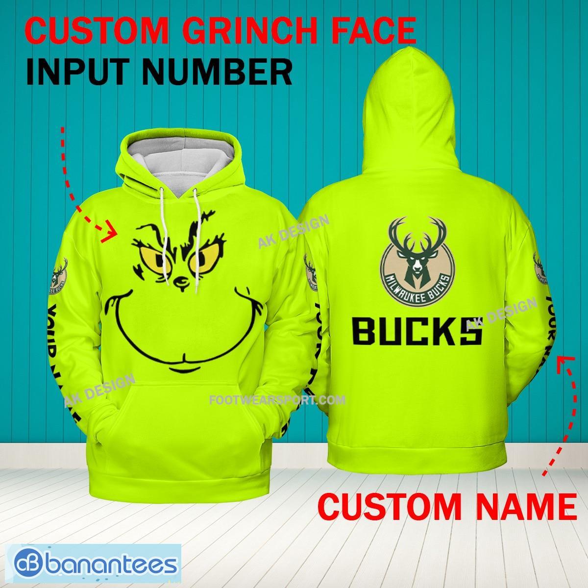 Grinch Face Milwaukee Bucks 3D Hoodie, Zip Hoodie, Sweater Green AOP Custom Number And Name - Grinch Face NBA Milwaukee Bucks 3D Hoodie