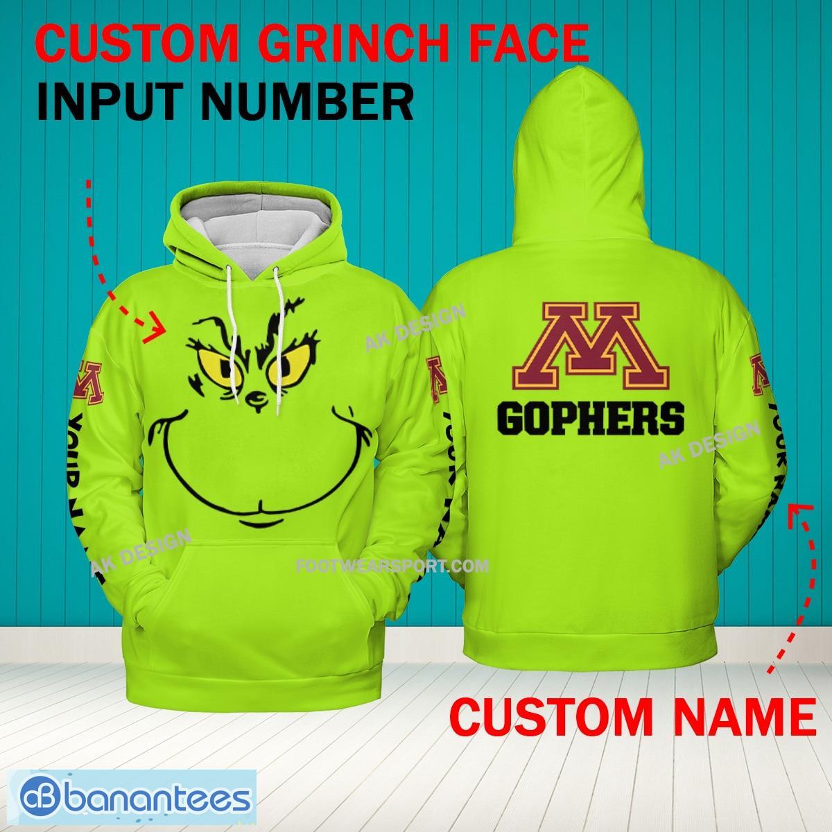 Grinch Face Minnesota Golden Gophers 3D Hoodie, Zip Hoodie, Sweater Green AOP Custom Number And Name - Grinch Face NCAA Minnesota Golden Gophers 3D Hoodie