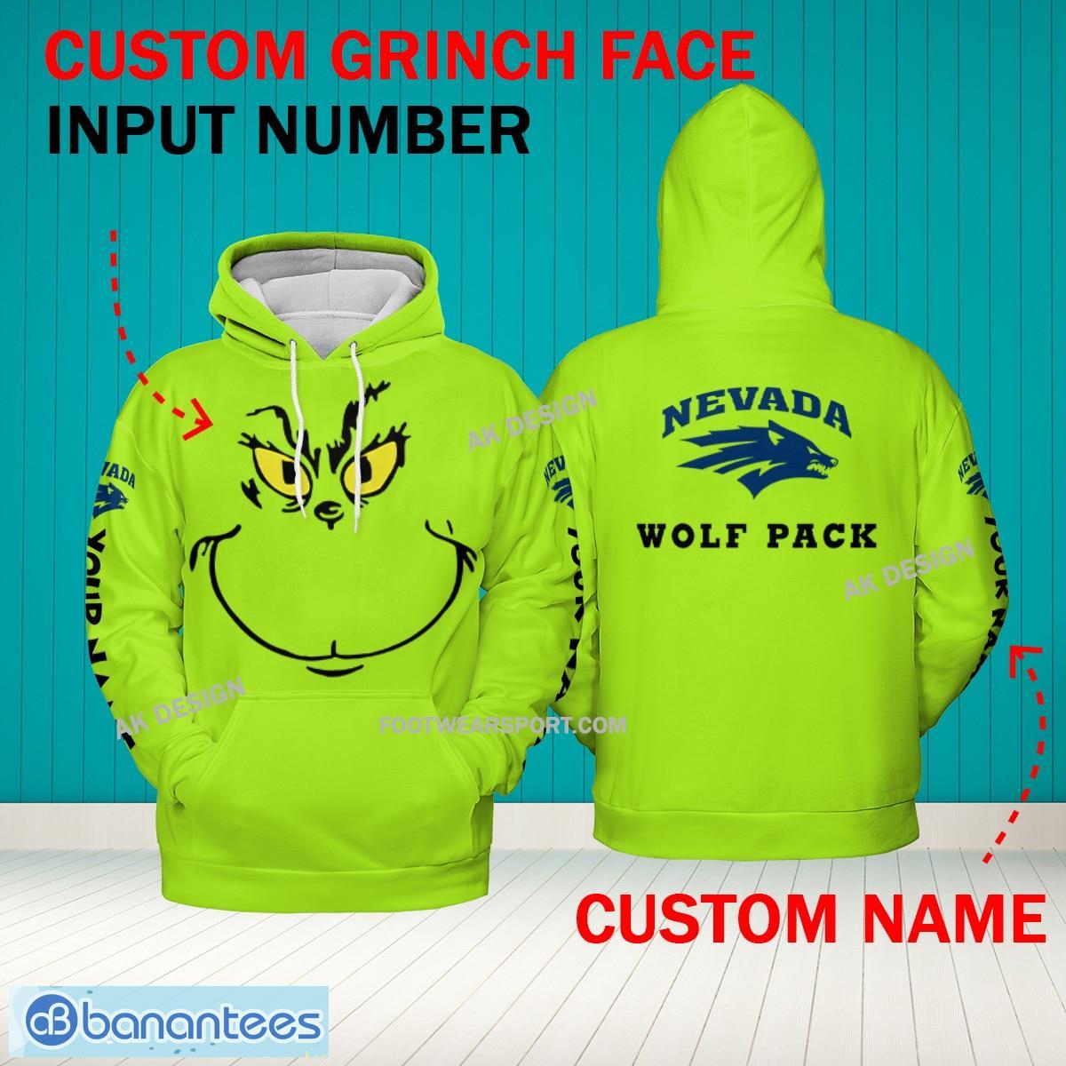 Grinch Face Nevada Wolf Pack 3D Hoodie, Zip Hoodie, Sweater Green AOP Custom Number And Name - Grinch Face NCAA Nevada Wolf Pack 3D Hoodie