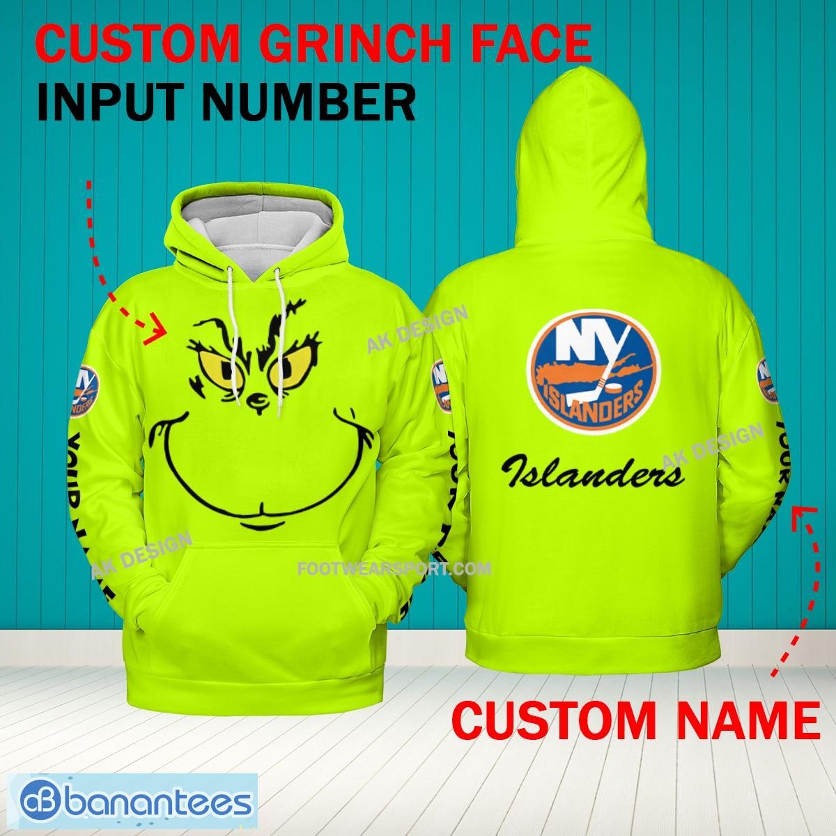 Grinch Face New York Islanders 3D Hoodie, Zip Hoodie, Sweater Green AOP Custom Number And Name - Grinch Face NHL New York Islanders 3D Hoodie