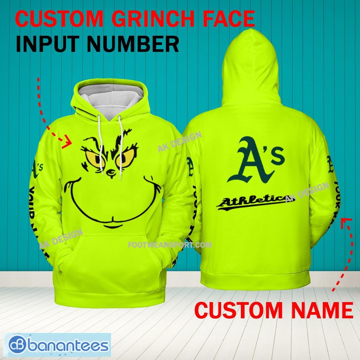 Grinch Face Oakland Athletics 3D Hoodie, Zip Hoodie, Sweater Green AOP Custom Number And Name - Grinch Face MLB Oakland Athletics 3D Hoodie