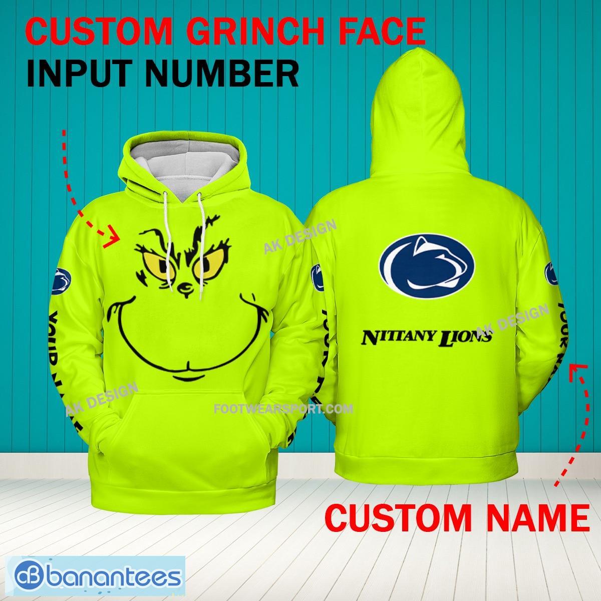 Grinch Face Penn State Nittany Lions 3D Hoodie, Zip Hoodie, Sweater Green AOP Custom Number And Name - Grinch Face NCAA Penn State Nittany Lions 3D Hoodie