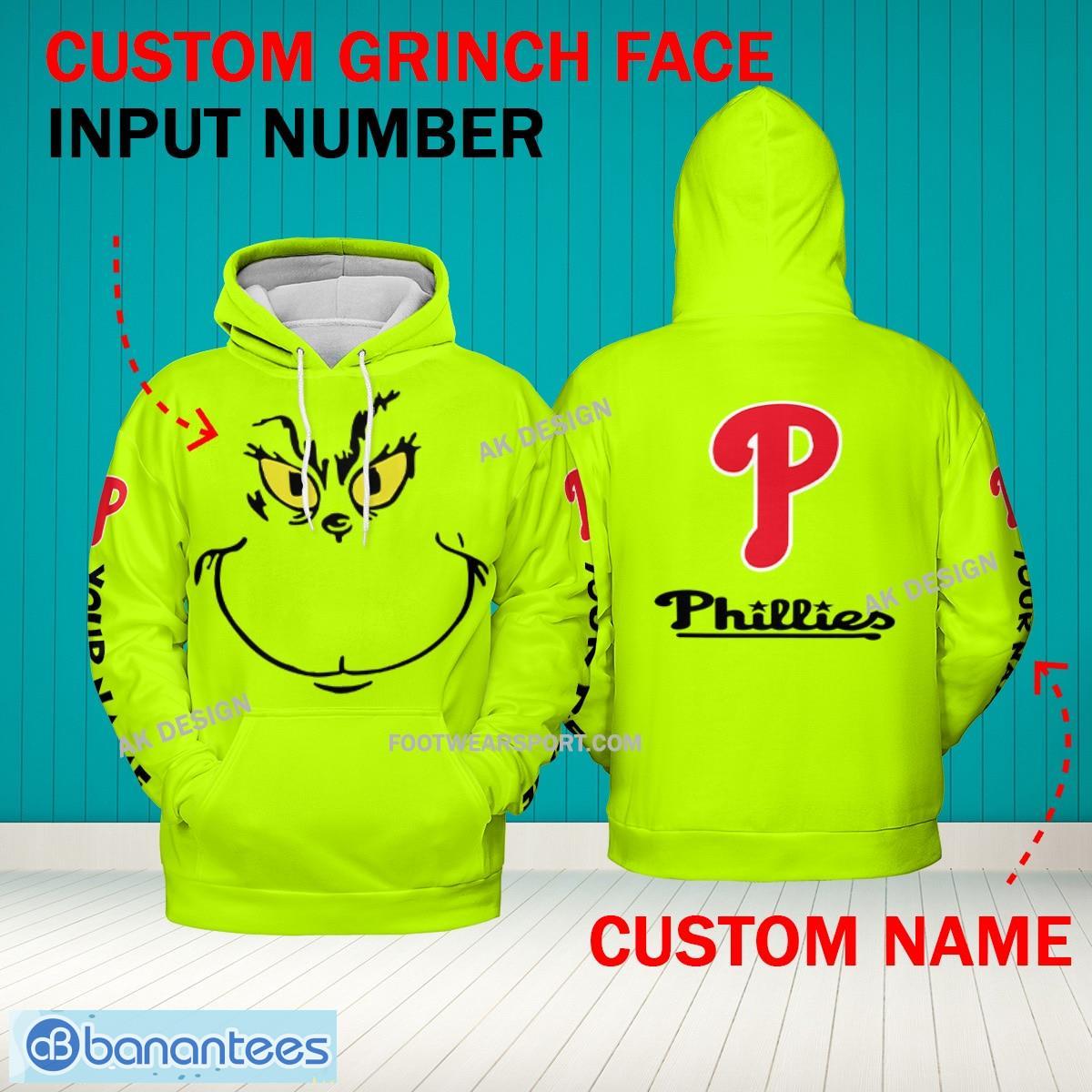 Grinch Face Philadelphia Phillies 3D Hoodie, Zip Hoodie, Sweater Green AOP Custom Number And Name - Grinch Face MLB Philadelphia Phillies 3D Hoodie