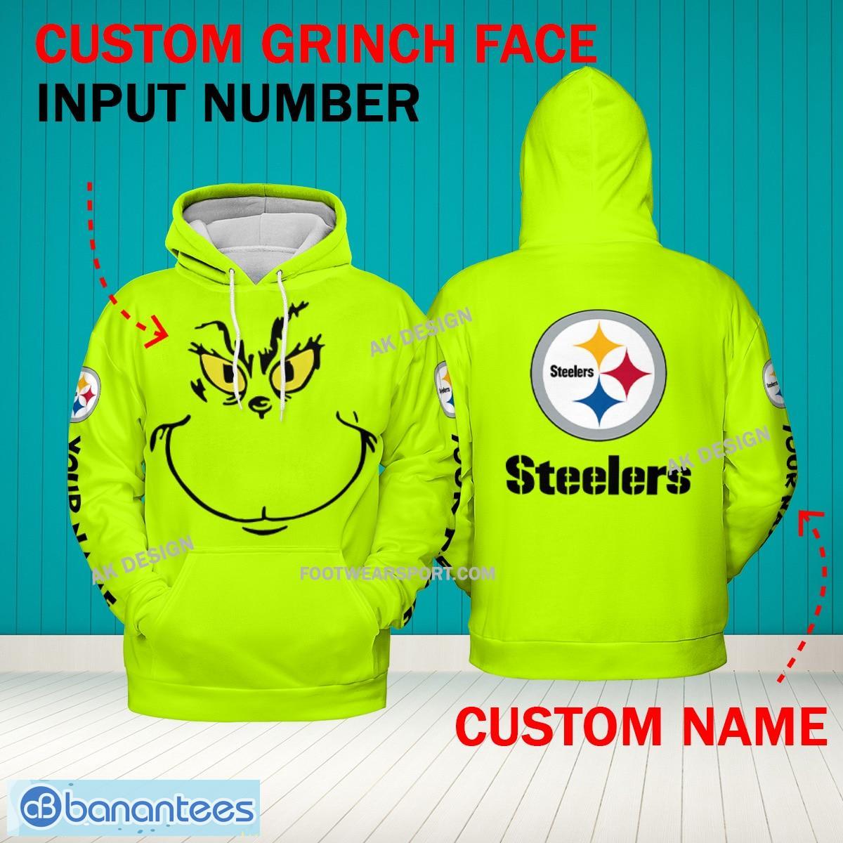 Grinch Face Pittsburgh Steelers 3D Hoodie, Zip Hoodie, Sweater Green AOP Custom Number And Name - Grinch Face NFL Pittsburgh Steelers 3D Hoodie