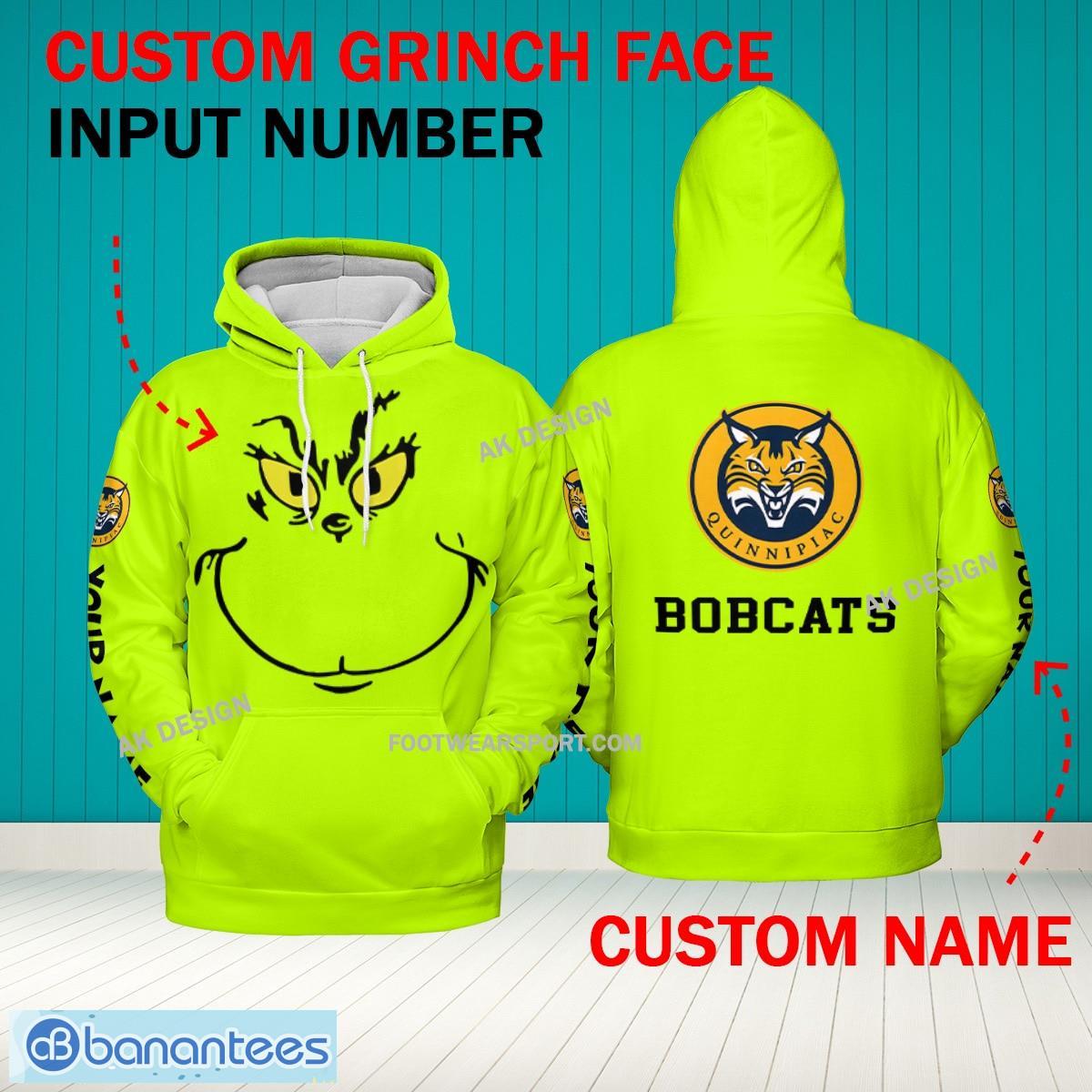 Grinch Face Quinnipiac Bobcats 3D Hoodie, Zip Hoodie, Sweater Green AOP Custom Number And Name - Grinch Face NCAA2 Quinnipiac Bobcats 3D Hoodie