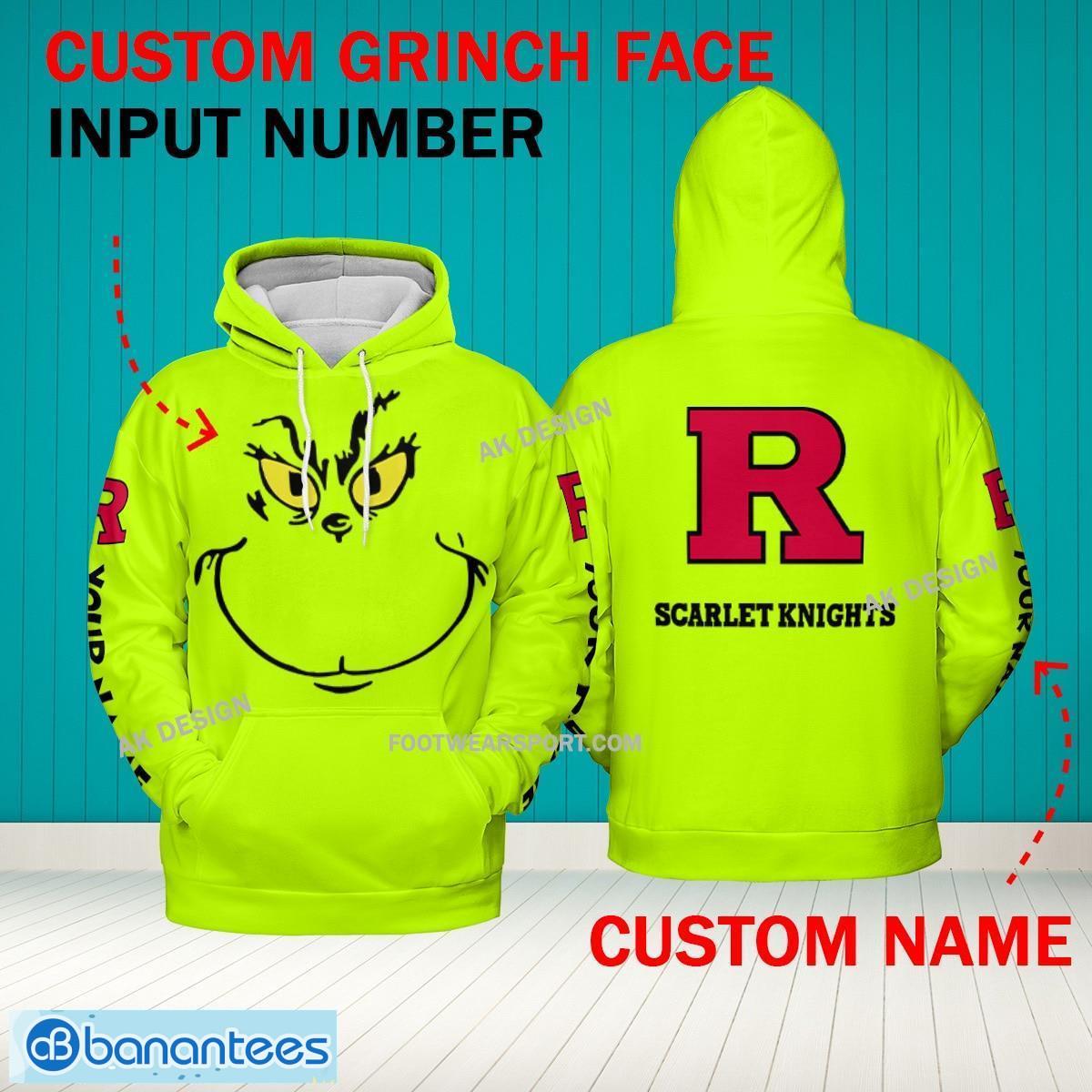 Grinch Face Rutgers Scarlet Knights 3D Hoodie, Zip Hoodie, Sweater Green AOP Custom Number And Name - Grinch Face NCAA Rutgers Scarlet Knights 3D Hoodie