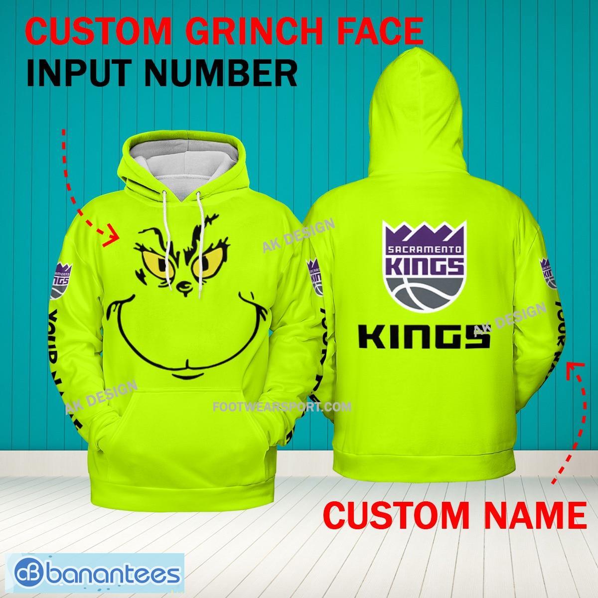Grinch Face Sacramento Kings 3D Hoodie, Zip Hoodie, Sweater Green AOP Custom Number And Name - Grinch Face NBA Sacramento Kings 3D Hoodie