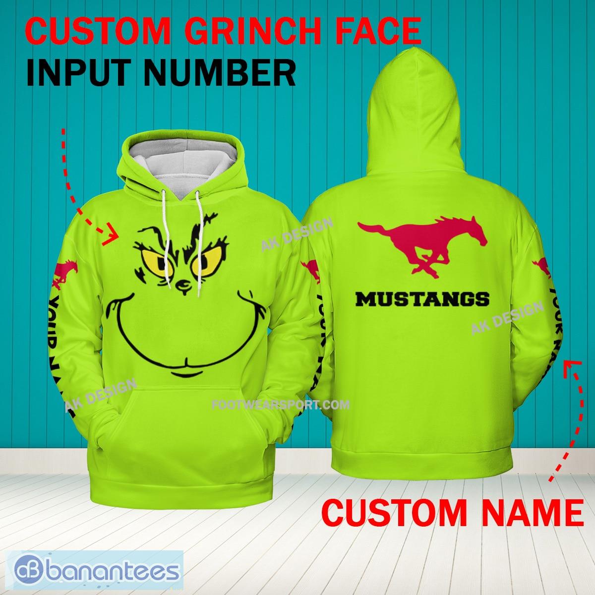 Grinch Face SMU Mustangs 3D Hoodie, Zip Hoodie, Sweater Green AOP Custom Number And Name - Grinch Face NCAA SMU Mustangs 3D Hoodie