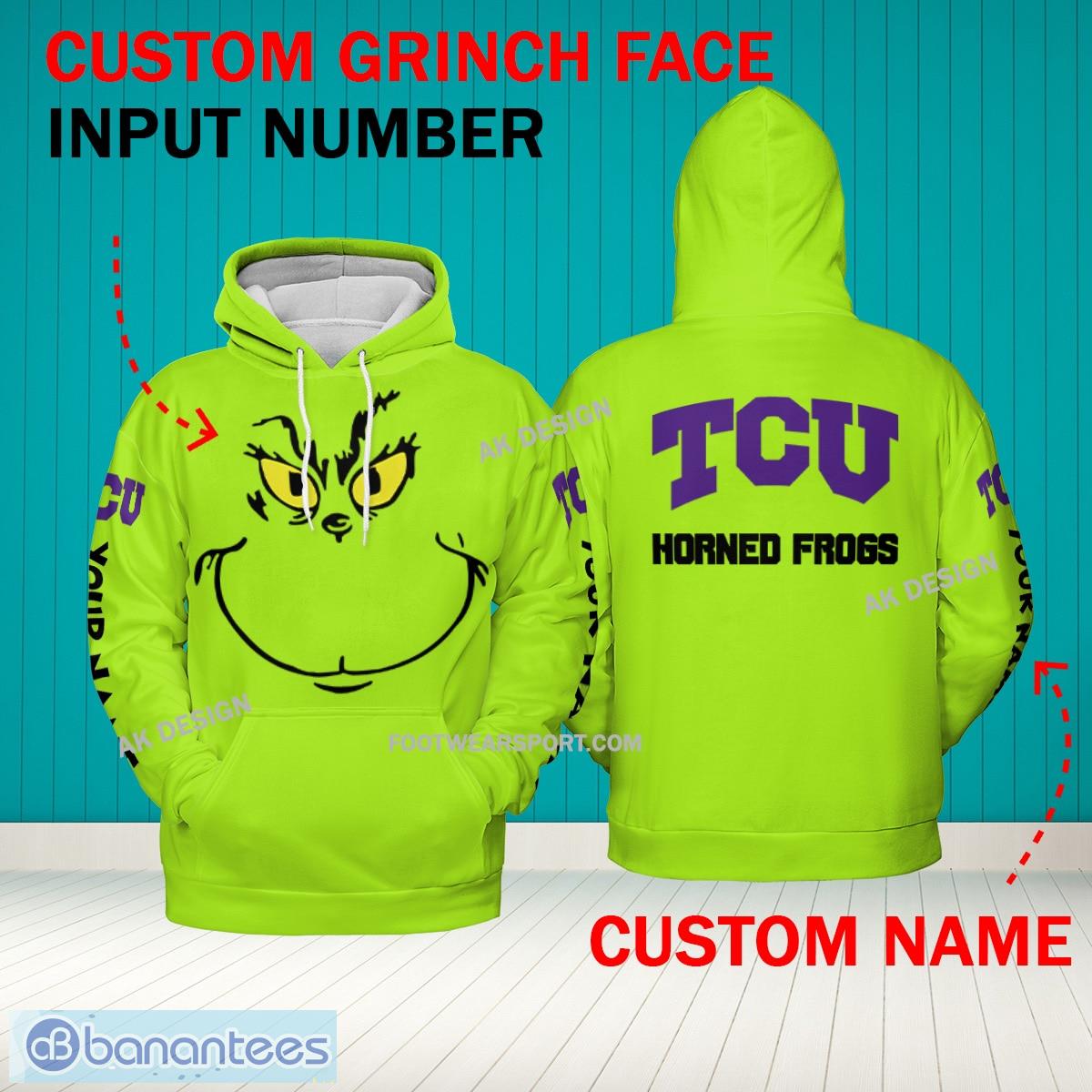 Grinch Face TCU Horned Frogs 3D Hoodie, Zip Hoodie, Sweater Green AOP Custom Number And Name - Grinch Face NCAA TCU Horned Frogs 3D Hoodie