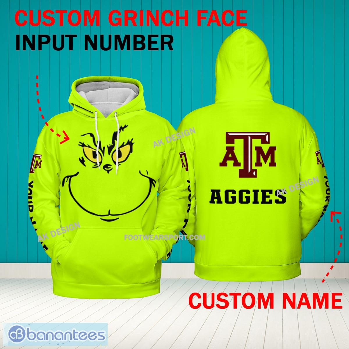 Grinch Face Texas A&M Aggies 3D Hoodie, Zip Hoodie, Sweater Green AOP Custom Number And Name - Grinch Face NCAA Texas A&M Aggies 3D Hoodie