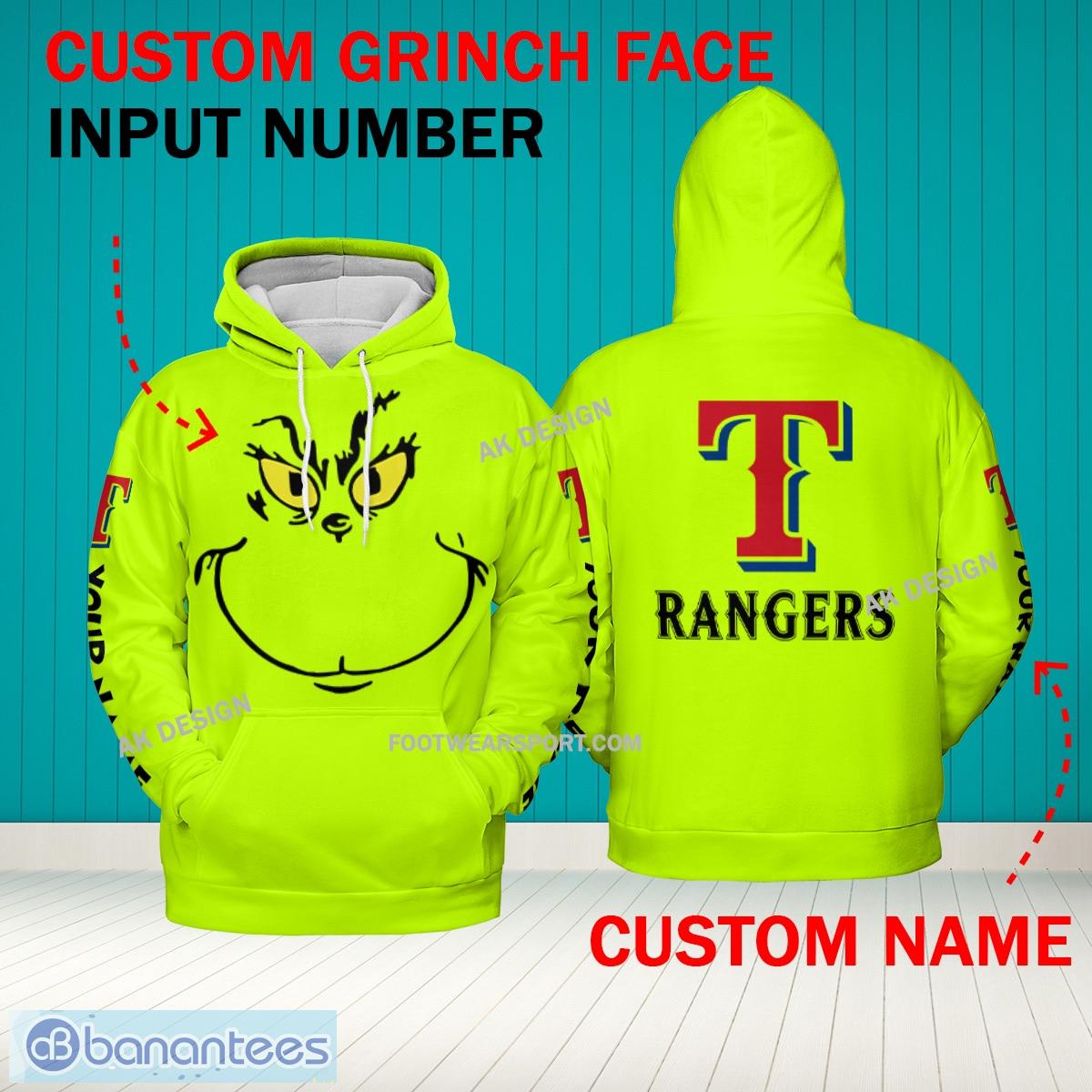 Grinch Face Texas Rangers 3D Hoodie, Zip Hoodie, Sweater Green AOP Custom Number And Name - Grinch Face MLB Texas Rangers 3D Hoodie