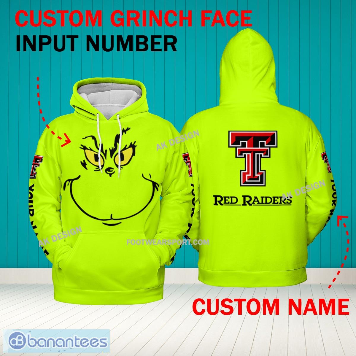 Grinch Face Texas Tech Red Raiders 3D Hoodie, Zip Hoodie, Sweater Green AOP Custom Number And Name - Grinch Face NCAA Texas Tech Red Raiders 3D Hoodie