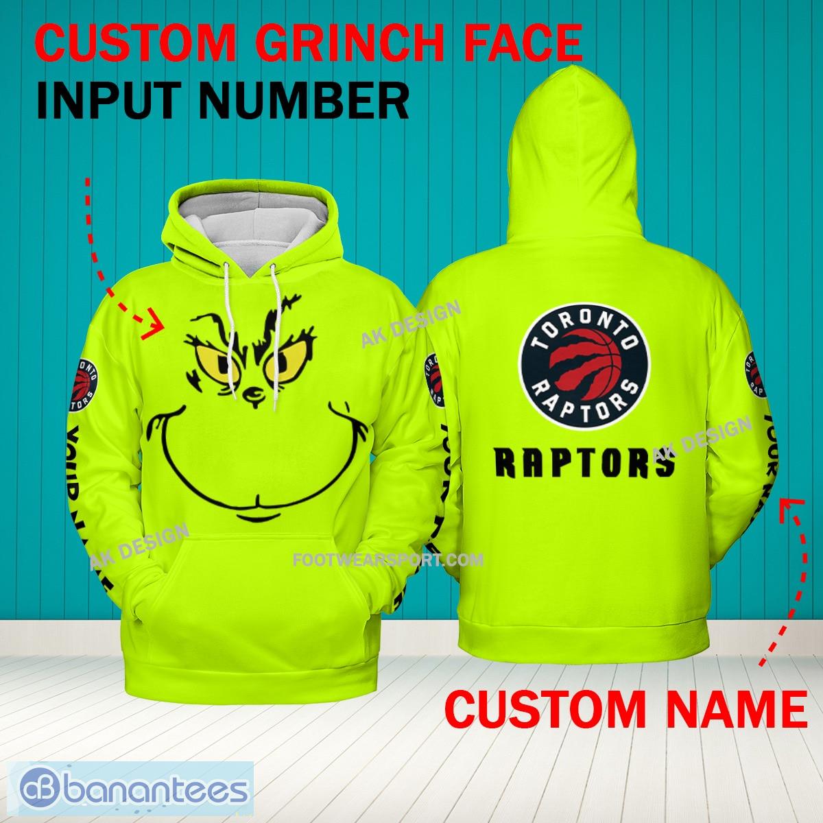 Grinch Face Toronto Raptors 3D Hoodie, Zip Hoodie, Sweater Green AOP Custom Number And Name - Grinch Face NBA Toronto Raptors 3D Hoodie