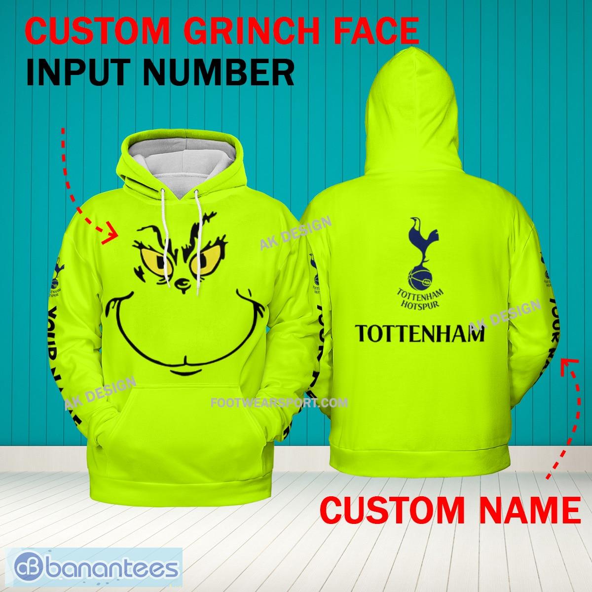 Grinch Face Tottenham Hotspur 3D Hoodie, Zip Hoodie, Sweater Green AOP Custom Number And Name - Grinch Face EPL Tottenham Hotspur 3D Hoodie