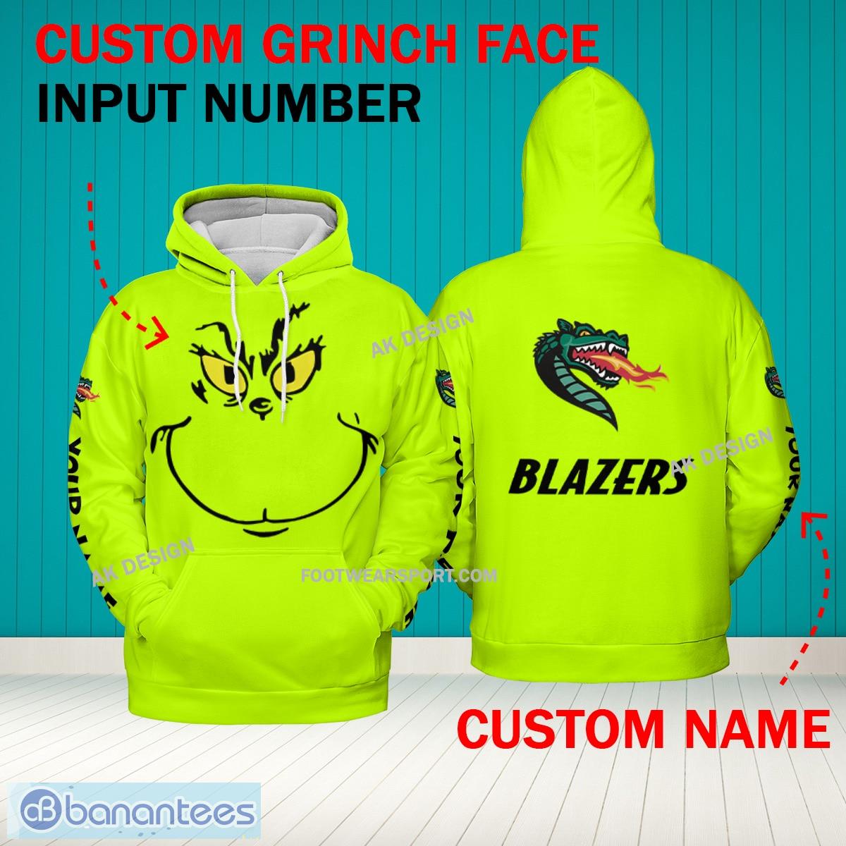 Grinch Face UAB Blazers 3D Hoodie, Zip Hoodie, Sweater Green AOP Custom Number And Name - Grinch Face NCAA UAB Blazers 3D Hoodie