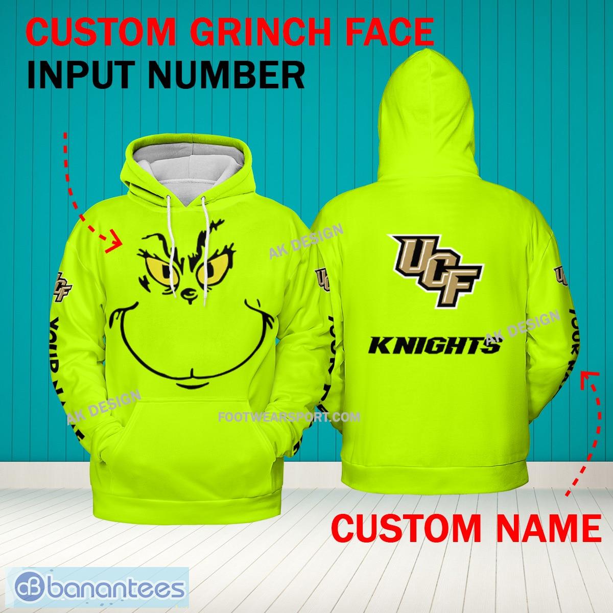 Grinch Face UCF Knights 3D Hoodie, Zip Hoodie, Sweater Green AOP Custom Number And Name - Grinch Face NCAA UCF Knights 3D Hoodie