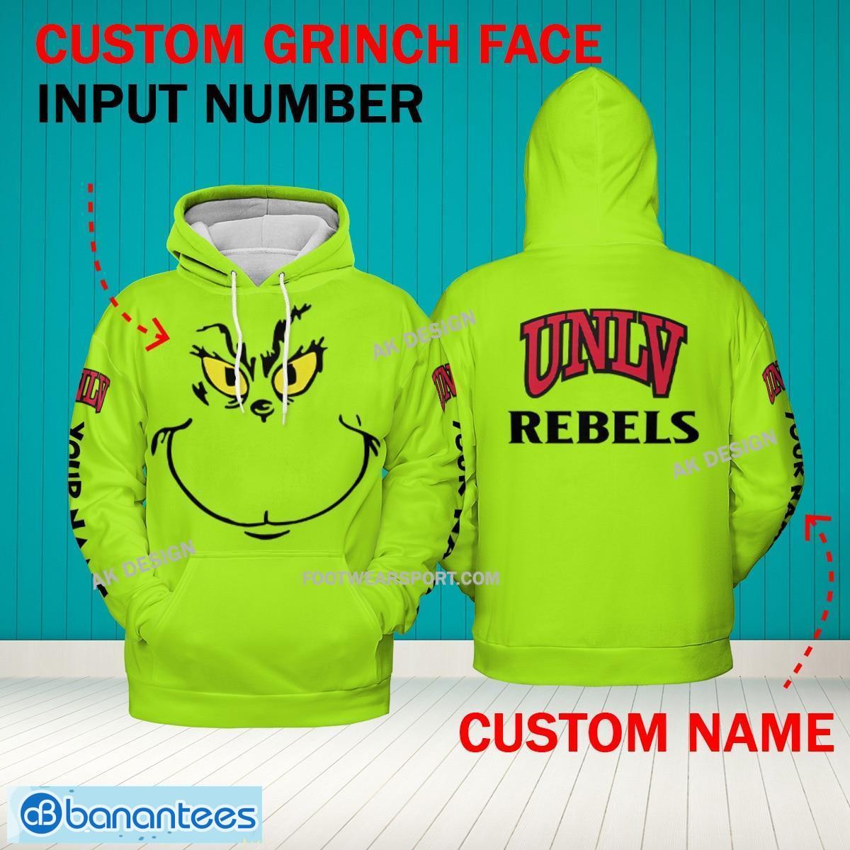 Grinch Face UNLV Rebels 3D Hoodie, Zip Hoodie, Sweater Green AOP Custom Number And Name - Grinch Face NCAA UNLV Rebels 3D Hoodie