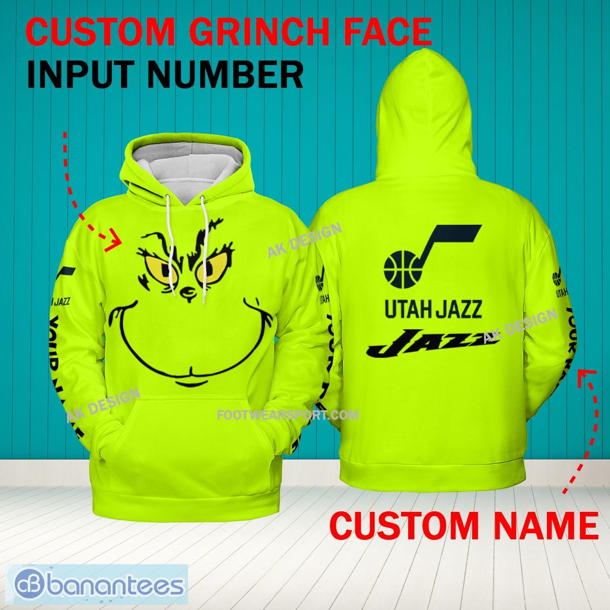 Grinch Face Utah Jazz 3D Hoodie, Zip Hoodie, Sweater Green AOP Custom Number And Name - Grinch Face NBA Utah Jazz 3D Hoodie