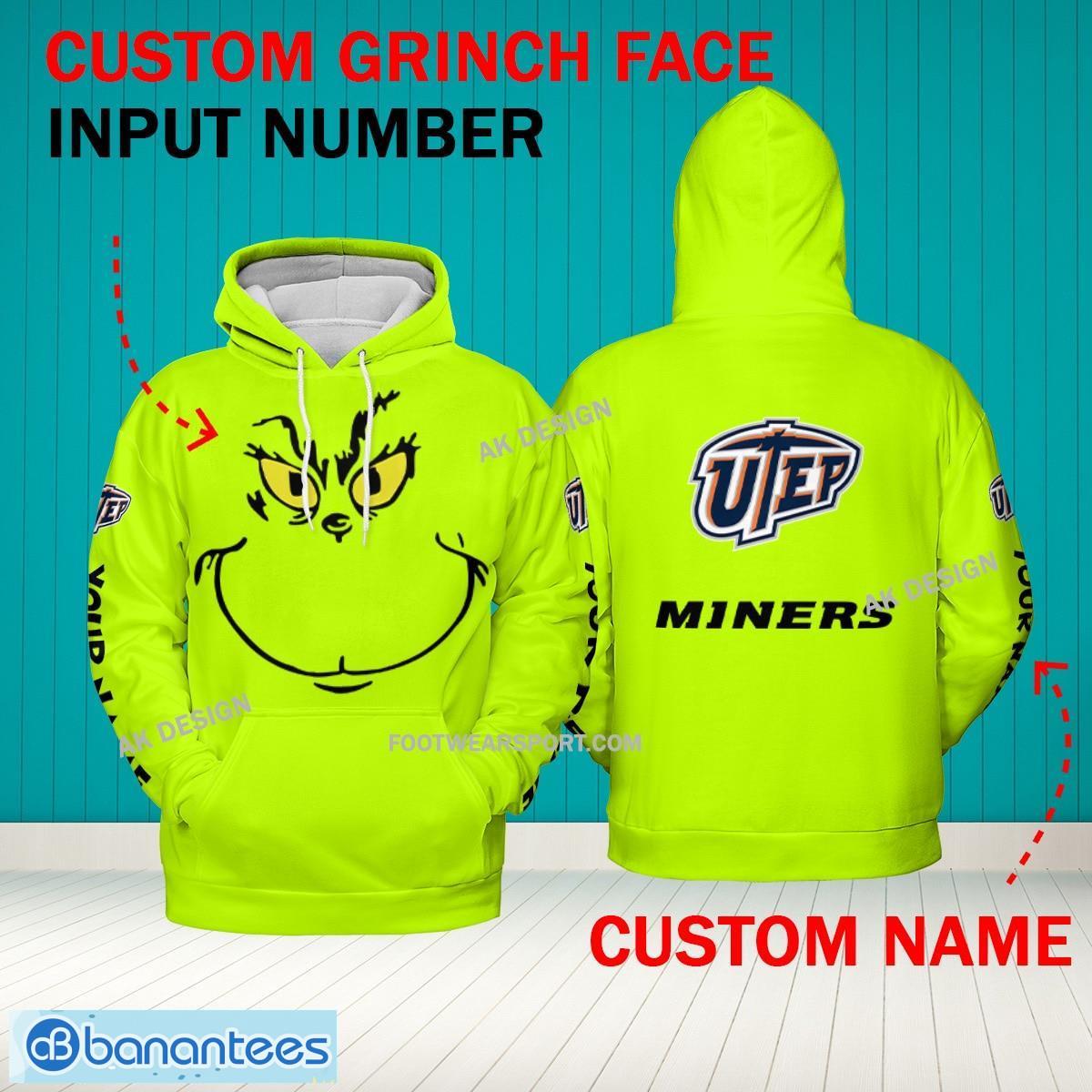 Grinch Face UTEP Miners 3D Hoodie, Zip Hoodie, Sweater Green AOP Custom Number And Name - Grinch Face NCAA UTEP Miners 3D Hoodie