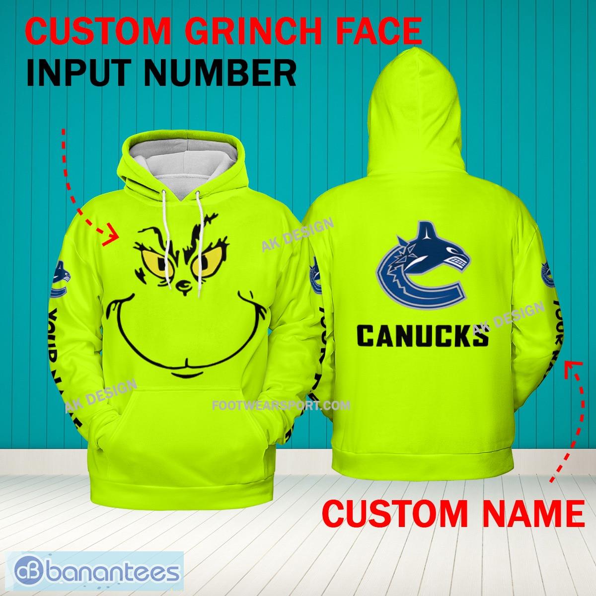Grinch Face Vancouver Canucks 3D Hoodie, Zip Hoodie, Sweater Green AOP Custom Number And Name - Grinch Face NHL Vancouver Canucks 3D Hoodie