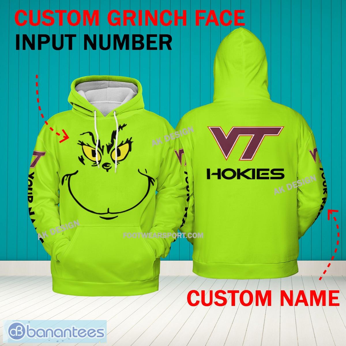 Grinch Face Virginia Tech Hokies 3D Hoodie, Zip Hoodie, Sweater Green AOP Custom Number And Name - Grinch Face NCAA Virginia Tech Hokies 3D Hoodie