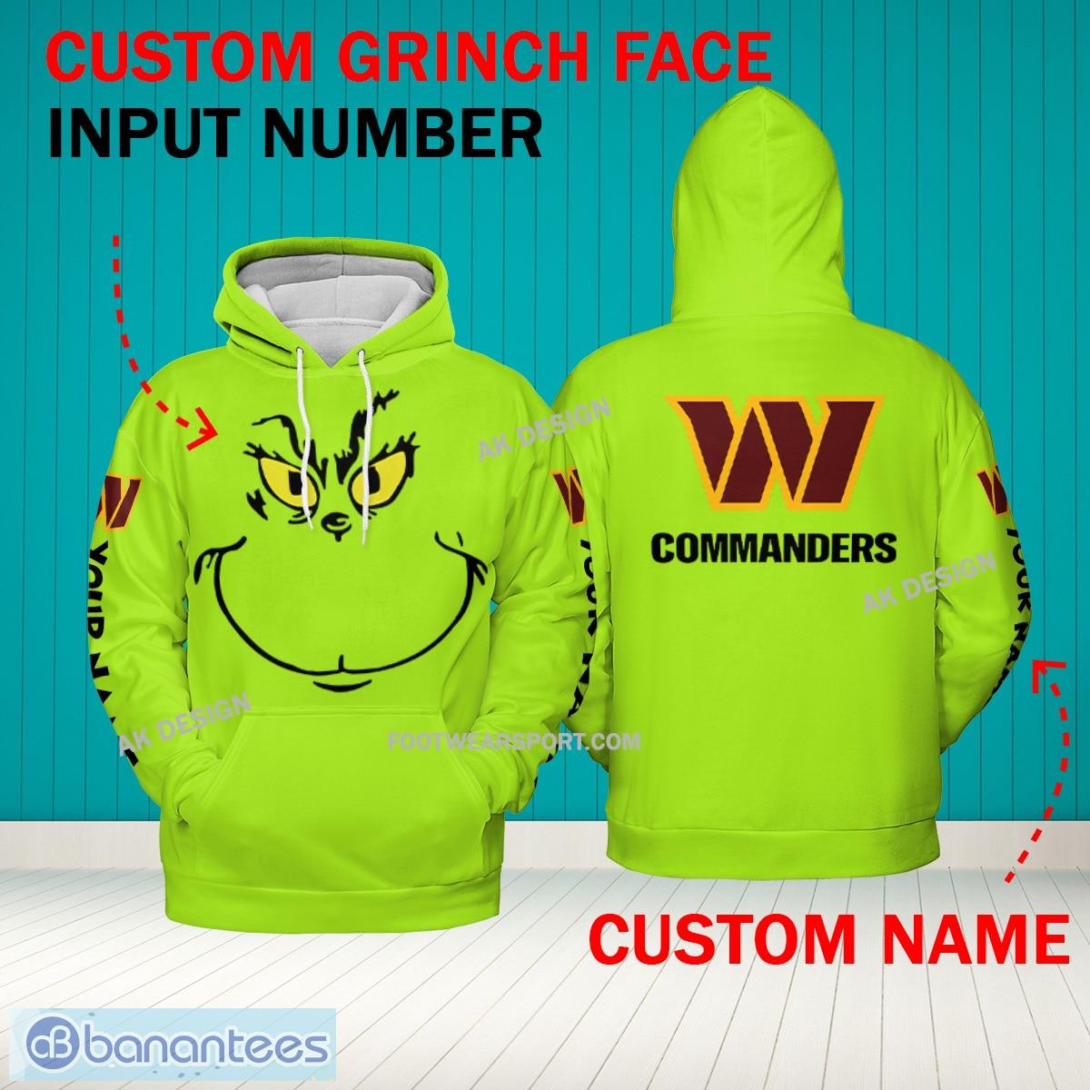 Grinch Face Washington Commanders 3D Hoodie, Zip Hoodie, Sweater Green AOP Custom Number And Name - Grinch Face NFL Washington Commanders 3D Hoodie
