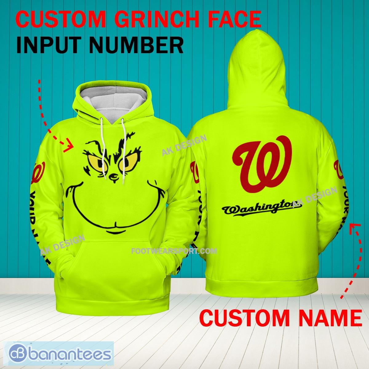 Grinch Face Washington Nationals 3D Hoodie, Zip Hoodie, Sweater Green AOP Custom Number And Name - Grinch Face MLB Washington Nationals 3D Hoodie