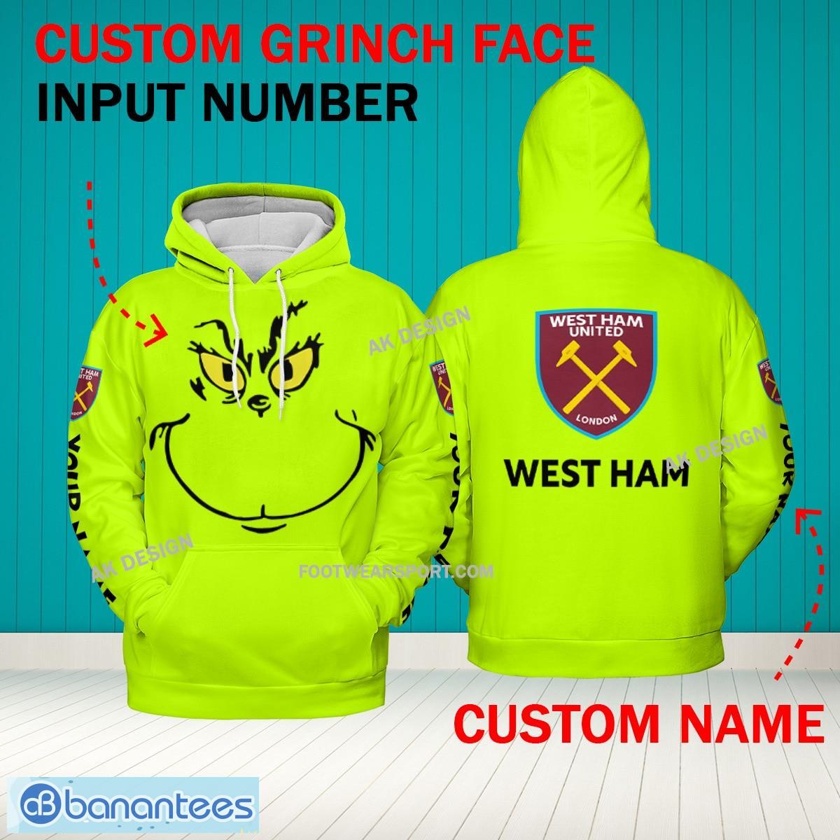 Grinch Face West Ham United 3D Hoodie, Zip Hoodie, Sweater Green AOP Custom Number And Name - Grinch Face EPL West Ham United 3D Hoodie
