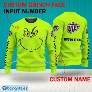 Grinch Face UTEP Miners 3D Hoodie, Zip Hoodie, Sweater Green AOP Custom Number And Name - Grinch Face NCAA UTEP Miners 3D Sweater