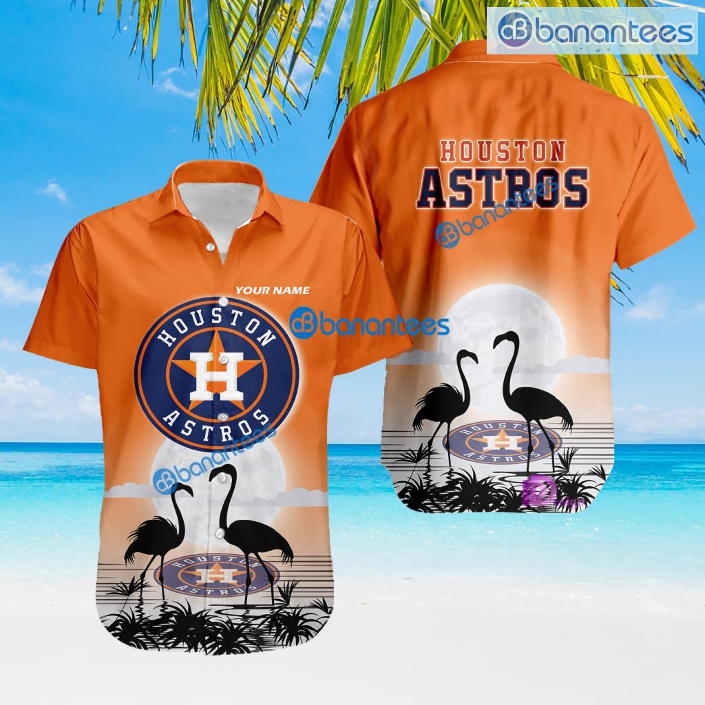 Houston Astros MLB Baseball Team With Flamingo Moon Pattern Button Down Hawaiian Shirt For Big Fans Custom Name Product Photo 1