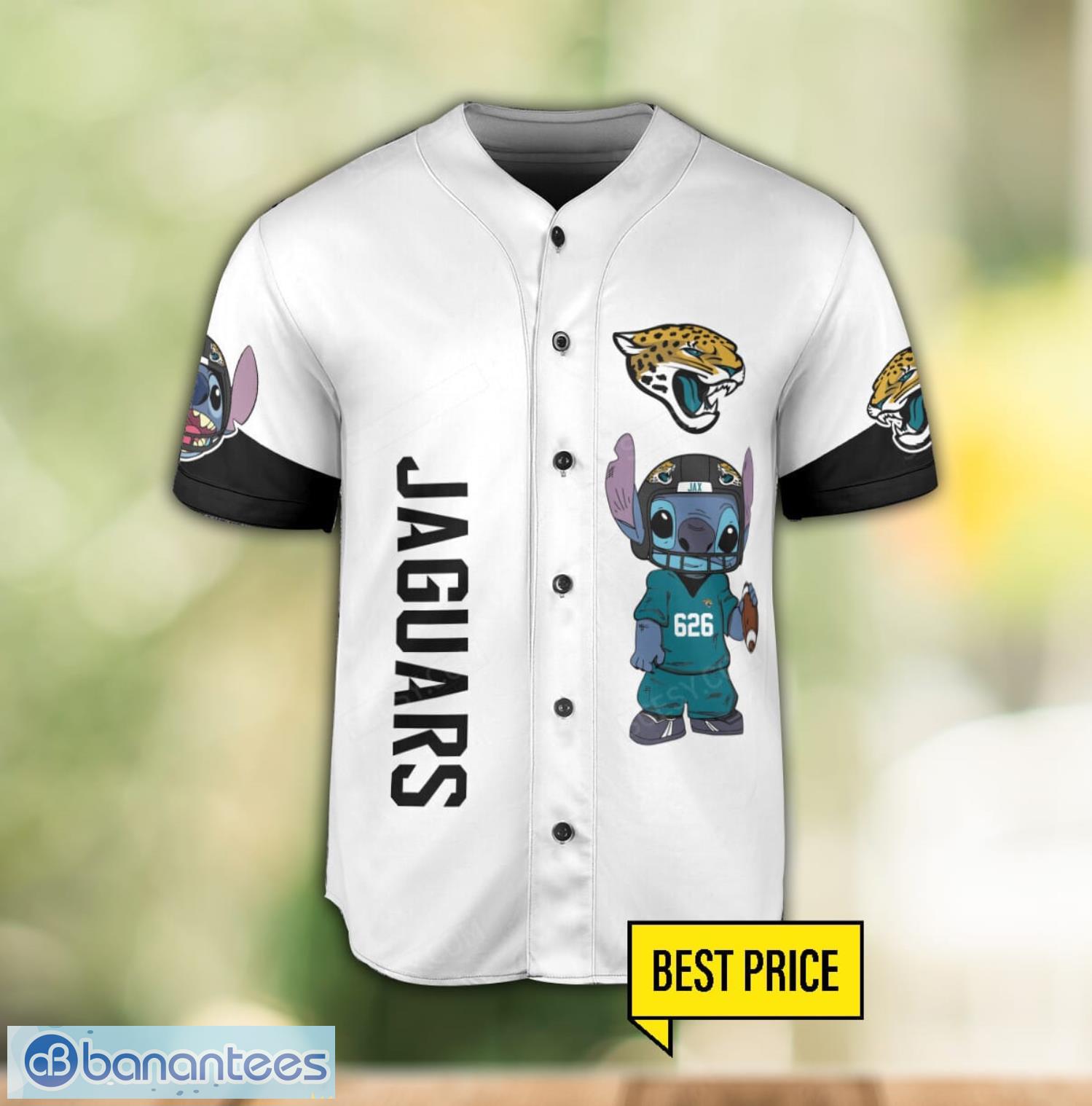 jacksonville jaguars lilo and stitch white baseball jersey shirt for stitch lover custom name number 1 image Jacksonville Jaguars Lilo and Stitch White Baseball Jersey Shirt For Stitch Lover Custom Name Number Product Photo 2