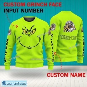 Grinch Face Hamilton Tiger Cats 3D Hoodie, Zip Hoodie, Sweater Green AOP Custom Number And Name - Grinch Face CFL Hamilton Tiger Cats 3D Sweater