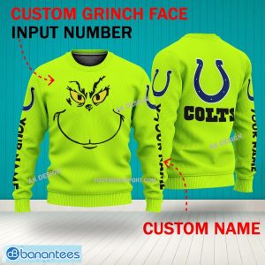 Grinch Face Indianapolis Colts 3D Hoodie, Zip Hoodie, Sweater Green AOP Custom Number And Name - Grinch Face NFL Indianapolis Colts 3D Sweater