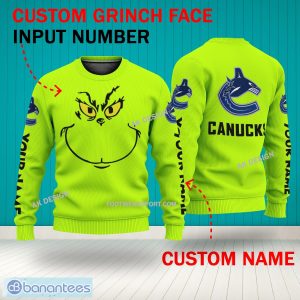 Grinch Face Vancouver Canucks 3D Hoodie, Zip Hoodie, Sweater Green AOP Custom Number And Name - Grinch Face NHL Vancouver Canucks 3D Sweater
