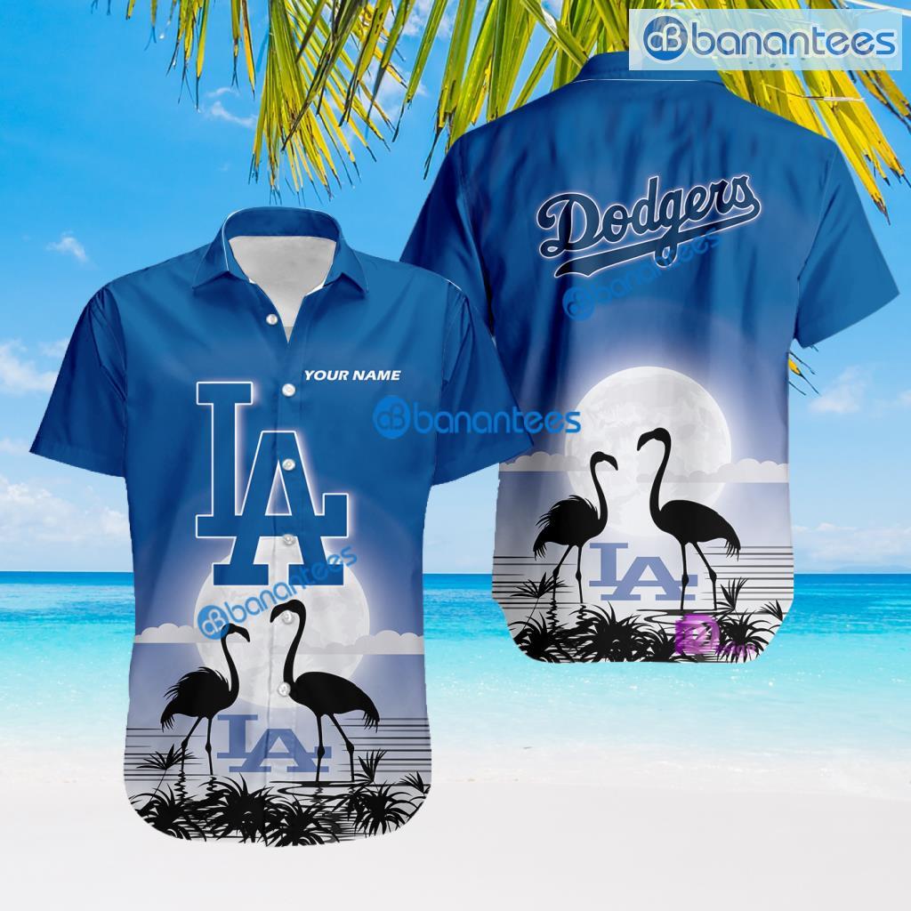 Los Angeles Dodgers MLB Baseball Team With Flamingo Moon Pattern Button Down Hawaiian Shirt For Big Fans Custom Name Product Photo 1