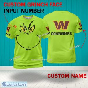 Grinch Face Washington Commanders 3D Hoodie, Zip Hoodie, Sweater Green AOP Custom Number And Name - Grinch Face NFL Washington Commanders 3D Shirt